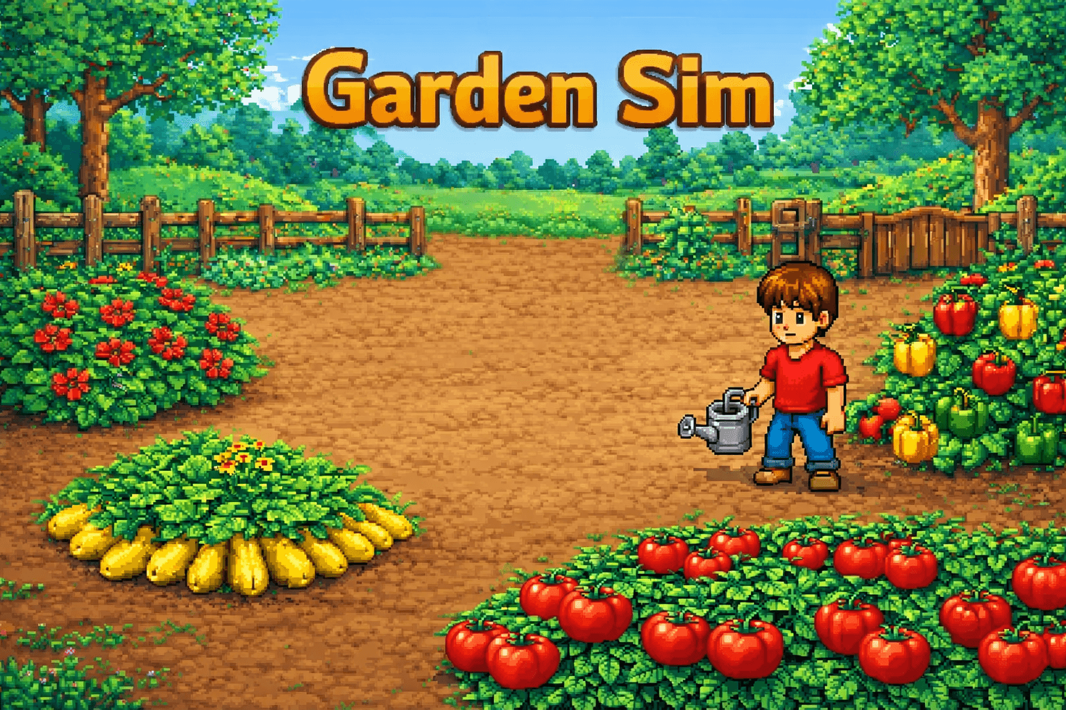 Garden Sim hero artwork with a cozy pixel-art garden scene